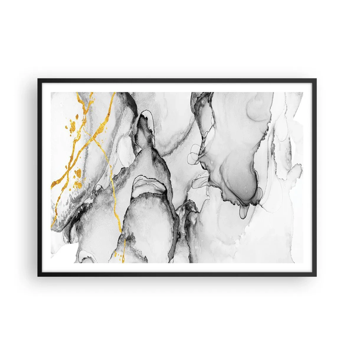 Poster in einem schwarzem Rahmen - Abstrakte schwarz-weiße Muster mit goldenen Akzenten - 100x70cm - Komposition mit Goldmotiv - Moderne Wanddekoration für Wohnzimmer und Schlafzimmer ARTTOR