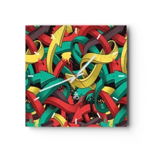 Wanduhr - Glasuhr - Abstrakte Pfeile in leuchtenden Farben schaffen Chaos - 30x30cm - Welcher Weg zum Ziel? - Moderne Wanddekoration für Wohnzimmer und Schlafzimmer ARTTOR