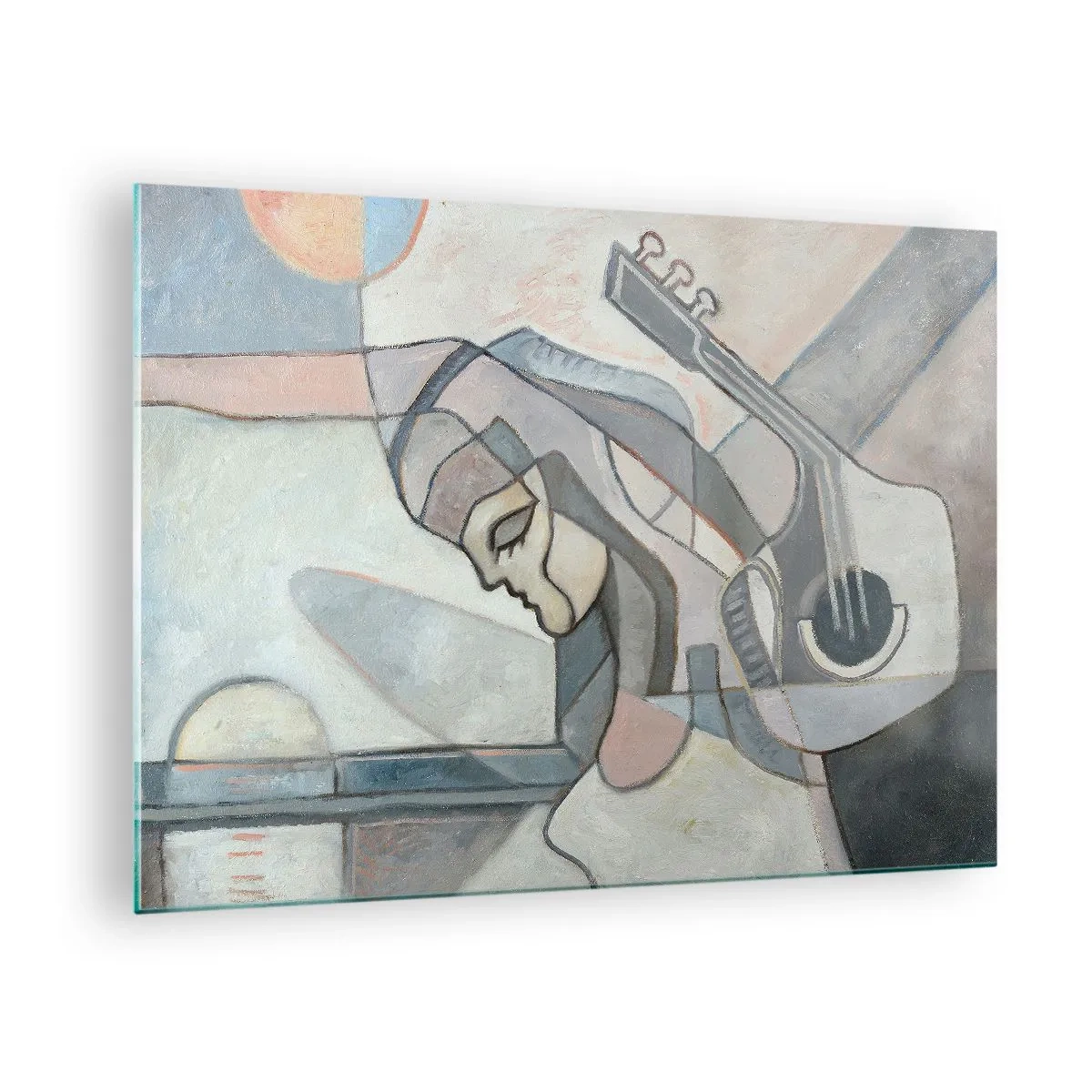 Glasbild - Bild auf glas - Künstlerische Figur einer Frau mit Gitarre in Pastellfarben - 70x50cm - In der Kraft der Musik - Moderne Wanddekoration für Wohnzimmer und Schlafzimmer ARTTOR