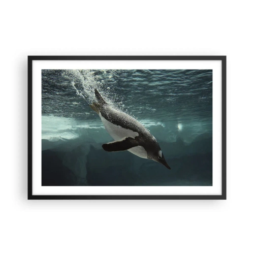 Poster in einem schwarzem Rahmen - Ein Pinguin taucht in die Tiefen des eisigen Wassers - 70x50cm - Willkommen in meiner Welt - Moderne Wanddekoration für Wohnzimmer und Schlafzimmer ARTTOR