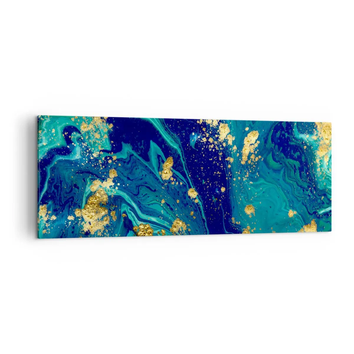 Bild auf Leinwand - Leinwandbild - Eine abstrakte Komposition mit blauen, grünen und goldenen Akzenten. - 140x50cm - Die Blütenblätter der Sonne - Moderne Wanddekoration für Wohnzimmer und Schlafzimmer ARTTOR