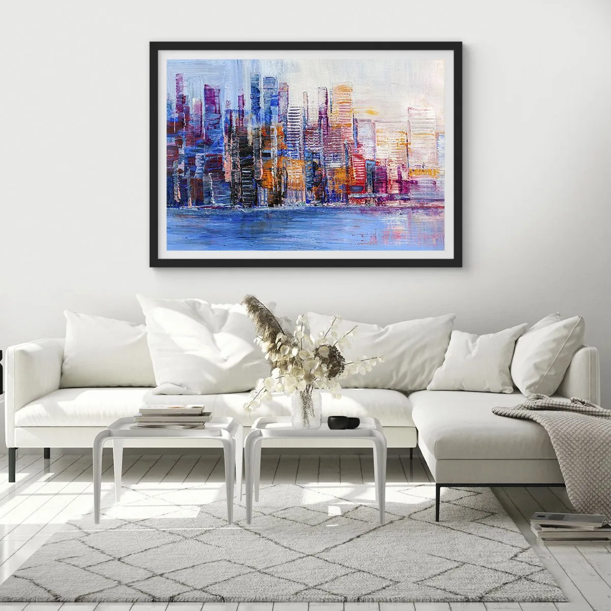 Poster in einem schwarzem Rahmen - Ein farbenfrohes Panorama der Stadt mit Spiegelungen auf dem Wasser - 100x70cm - Fröhliche Metropole - Moderne Wanddekoration für Wohnzimmer und Schlafzimmer ARTTOR