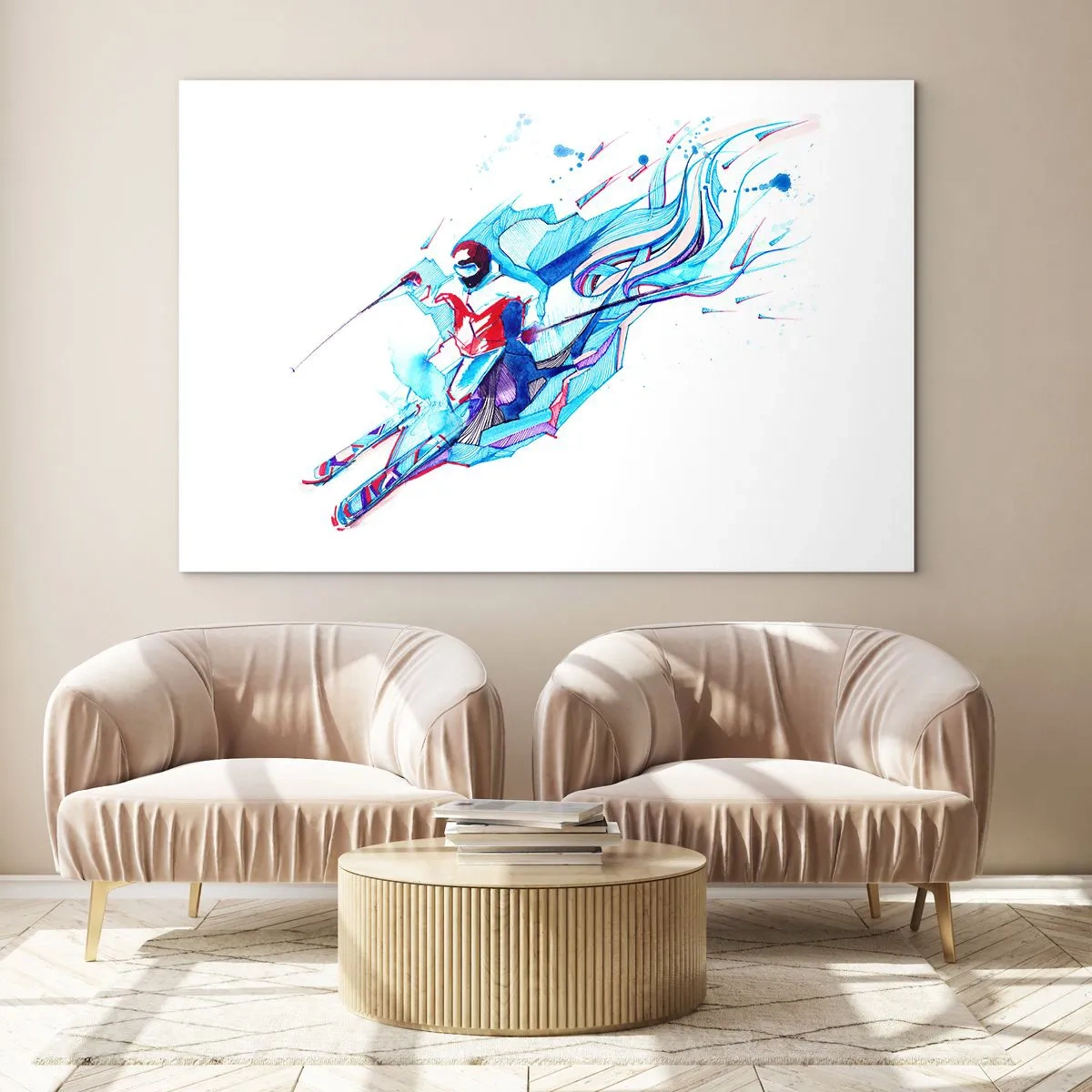 Glasbild - Bild auf glas - Eine dynamische Figur eines Skifahrers in abstrakten Farben - 70x50cm - Verrückter Ansturm vor Freude - Moderne Wanddekoration für Wohnzimmer und Schlafzimmer ARTTOR