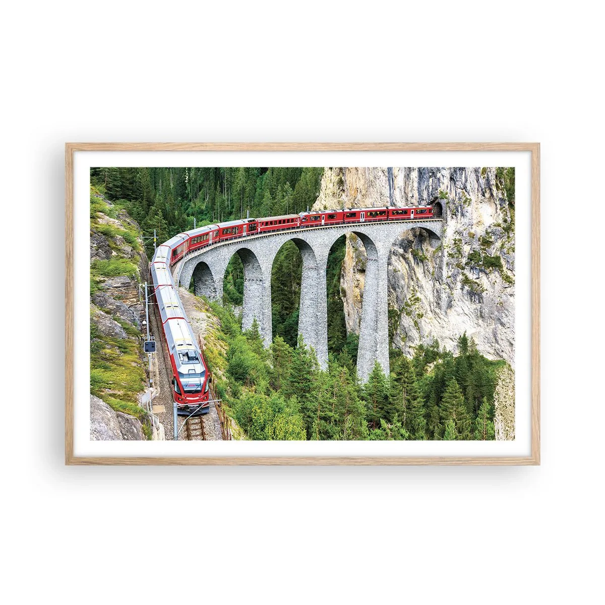 Poster in einem Rahmen aus heller Eiche - Eisenbahn für Bergblick - 91x61 cm