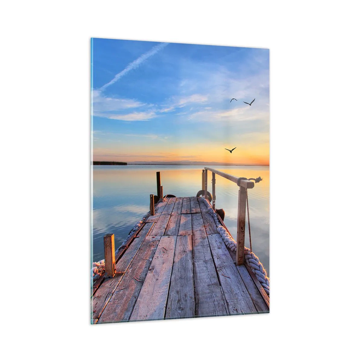 Glasbild - Bild auf glas - Holzsteg am See bei Sonnenuntergang - 50x70cm - Lauf direkt der Sonne entgegen - Moderne Wanddekoration für Wohnzimmer und Schlafzimmer ARTTOR