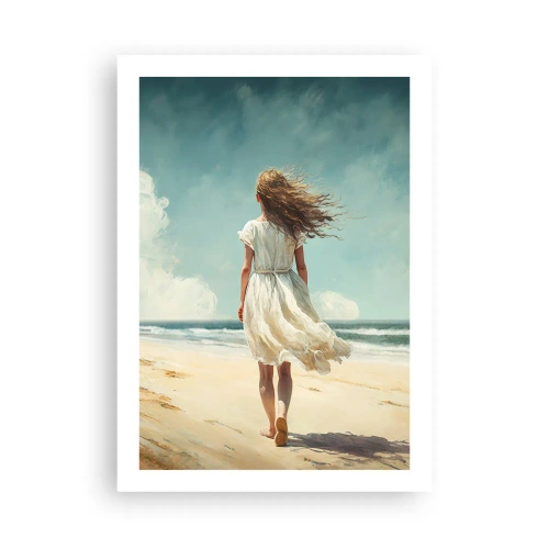 Poster - Eine Frau in einem weißen Kleid geht am Strand am Meer spazieren - 50x70cm - Der Sonne und dem Wind begegnen - Moderne Wanddekoration für Wohnzimmer und Schlafzimmer ARTTOR