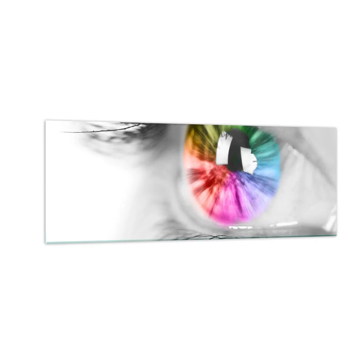 Glasbild - Bild auf glas - Künstlerische Aufnahme eines Auges mit einer Regenbogeniris auf grauem Hintergrund - 140x50cm - Schau dir die Welt in Farbe an - Moderne Wanddekoration für Wohnzimmer und Schlafzimmer ARTTOR