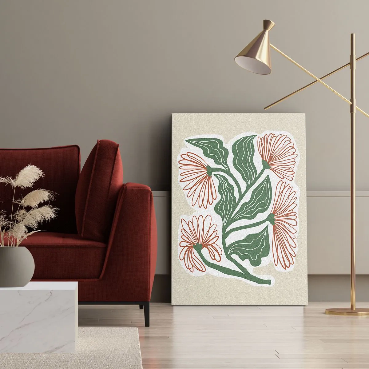 Bild auf Leinwand - Leinwandbild - Eine Blumenzeichnung im minimalistischen Stil mit grünen Blättern - 50x70cm - Im Folkstil und modern - Moderne Wanddekoration für Wohnzimmer und Schlafzimmer ARTTOR