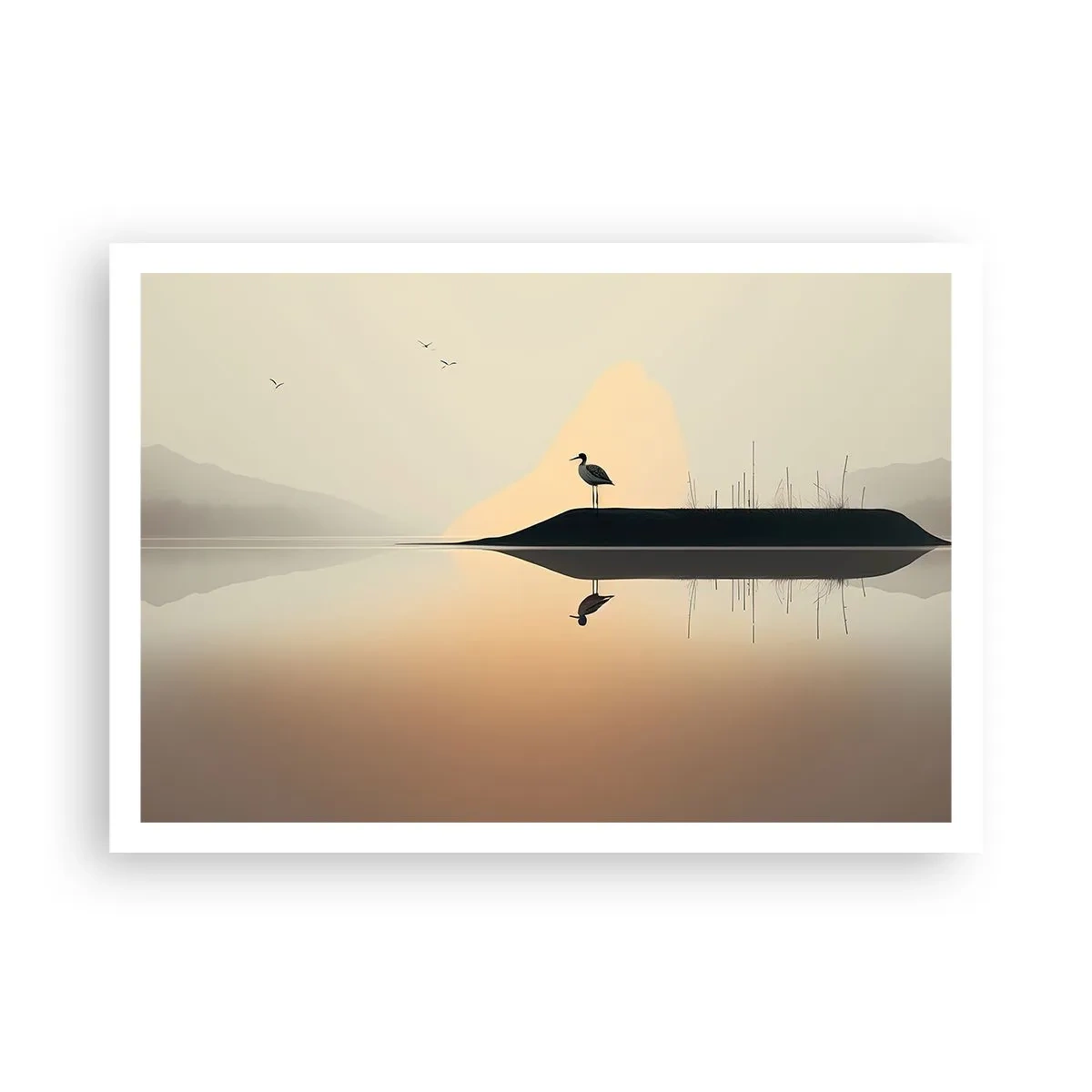 Poster - Ein Vogel auf einer Insel in einem ruhigen See mit warmen Farbtönen - 100x70cm - Herr am See - Moderne Wanddekoration für Wohnzimmer und Schlafzimmer ARTTOR