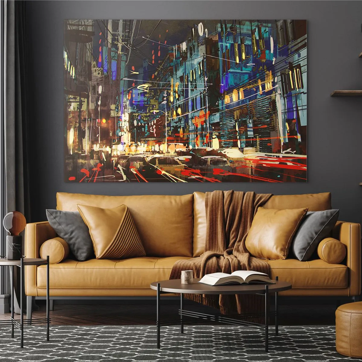 Glasbild - Bild auf glas - Abendliche Stadtstraße mit Neonlichtern und Verkehr - 100x70cm - Abendlicher Straßentrubel - Moderne Wanddekoration für Wohnzimmer und Schlafzimmer ARTTOR