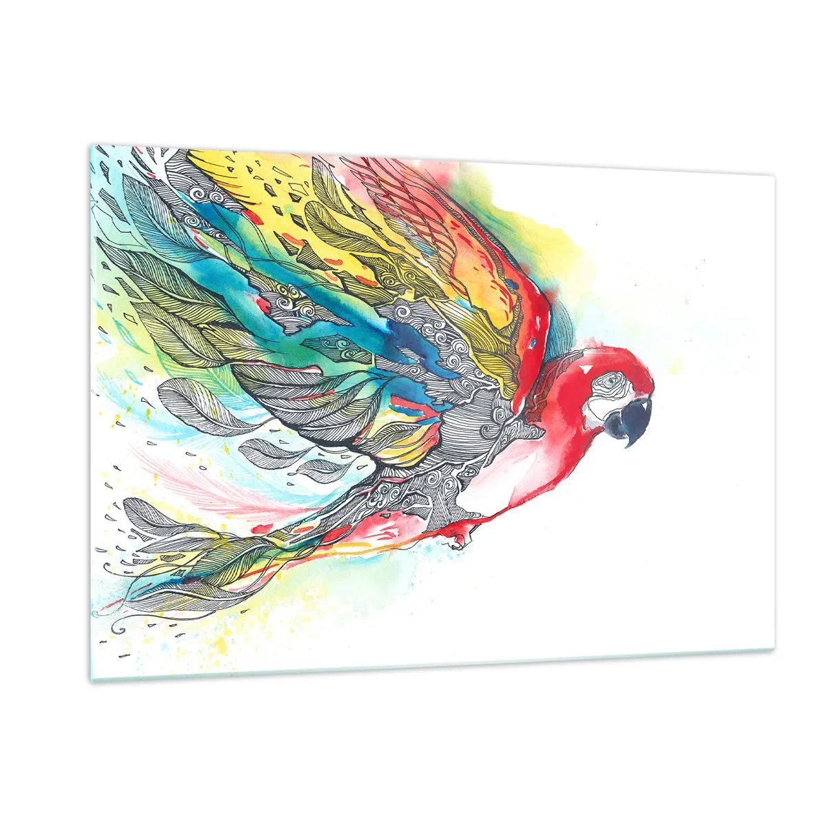 Glasbild - Bild auf glas - Bunter Papagei mit künstlerischen Flügeln und Details - 120x80cm - Leben Sie bunt - Moderne Wanddekoration für Wohnzimmer und Schlafzimmer ARTTOR