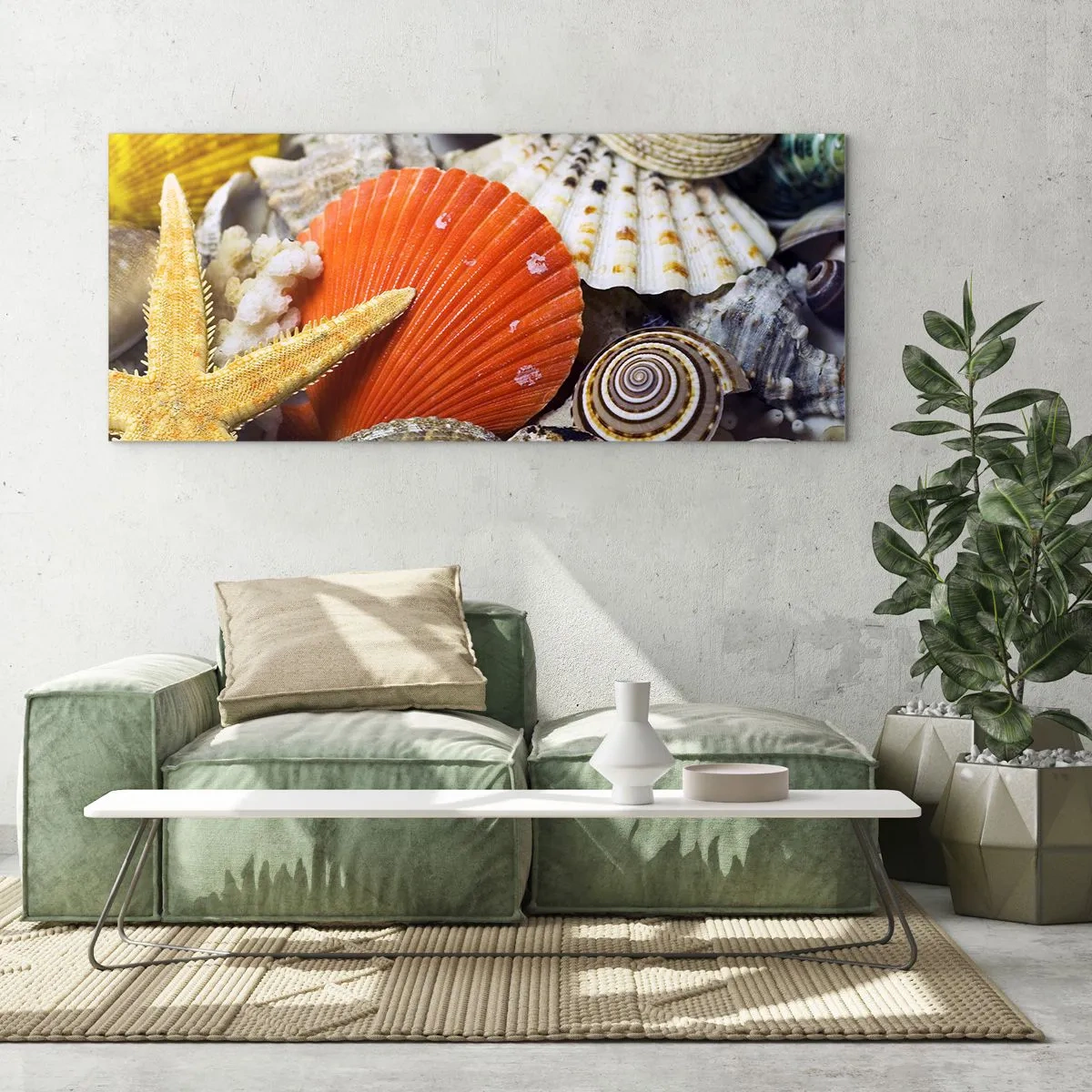 Glasbild - Bild auf glas - Muscheln und Seesterne in einer Meereskomposition - 160x50cm - Schätze des Ozeans - Moderne Wanddekoration für Wohnzimmer und Schlafzimmer ARTTOR