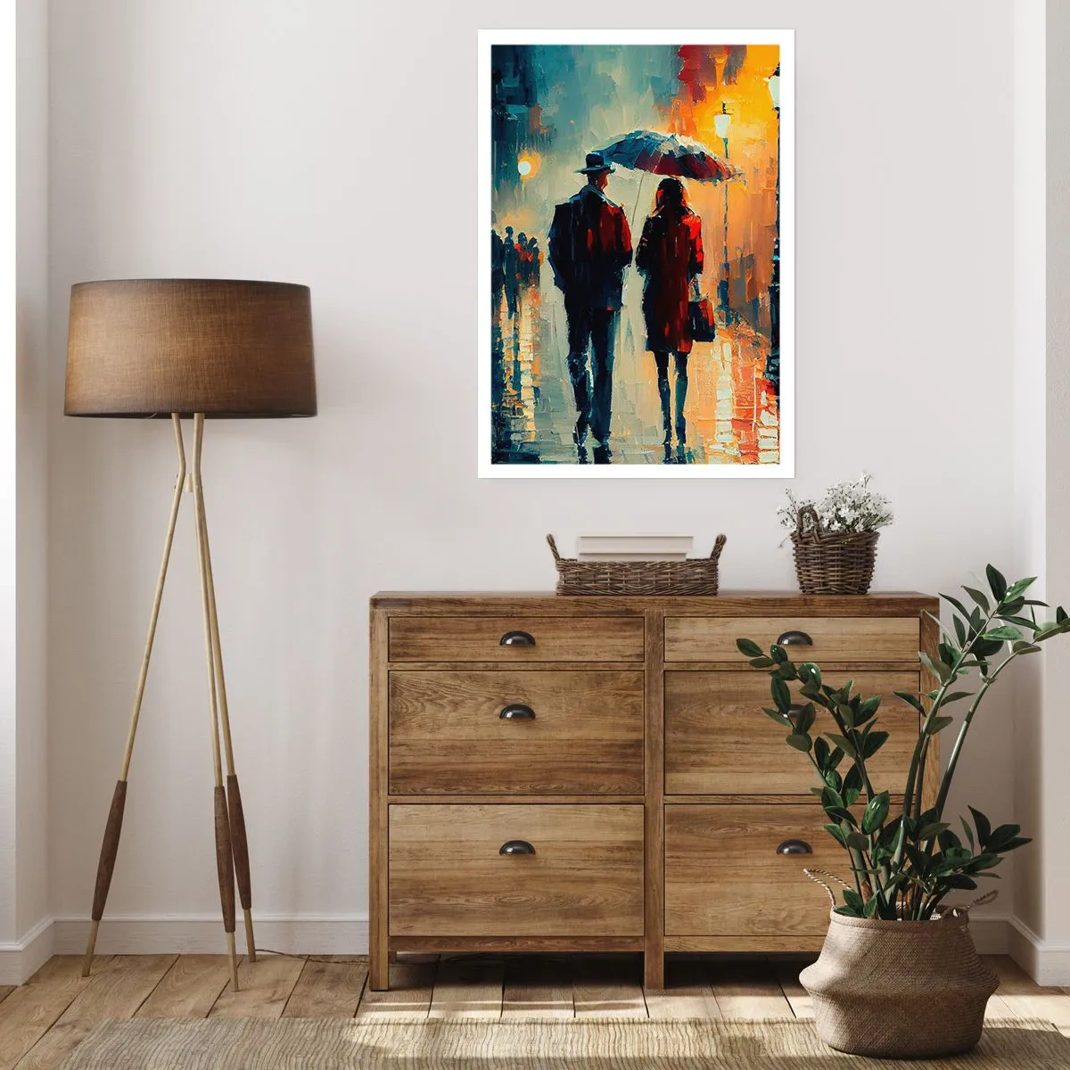 Poster - Romantisches Paar unter einem Regenschirm im Regen - 50x70cm - Urbane Liebesgeschichte - Moderne Wanddekoration für Wohnzimmer und Schlafzimmer ARTTOR