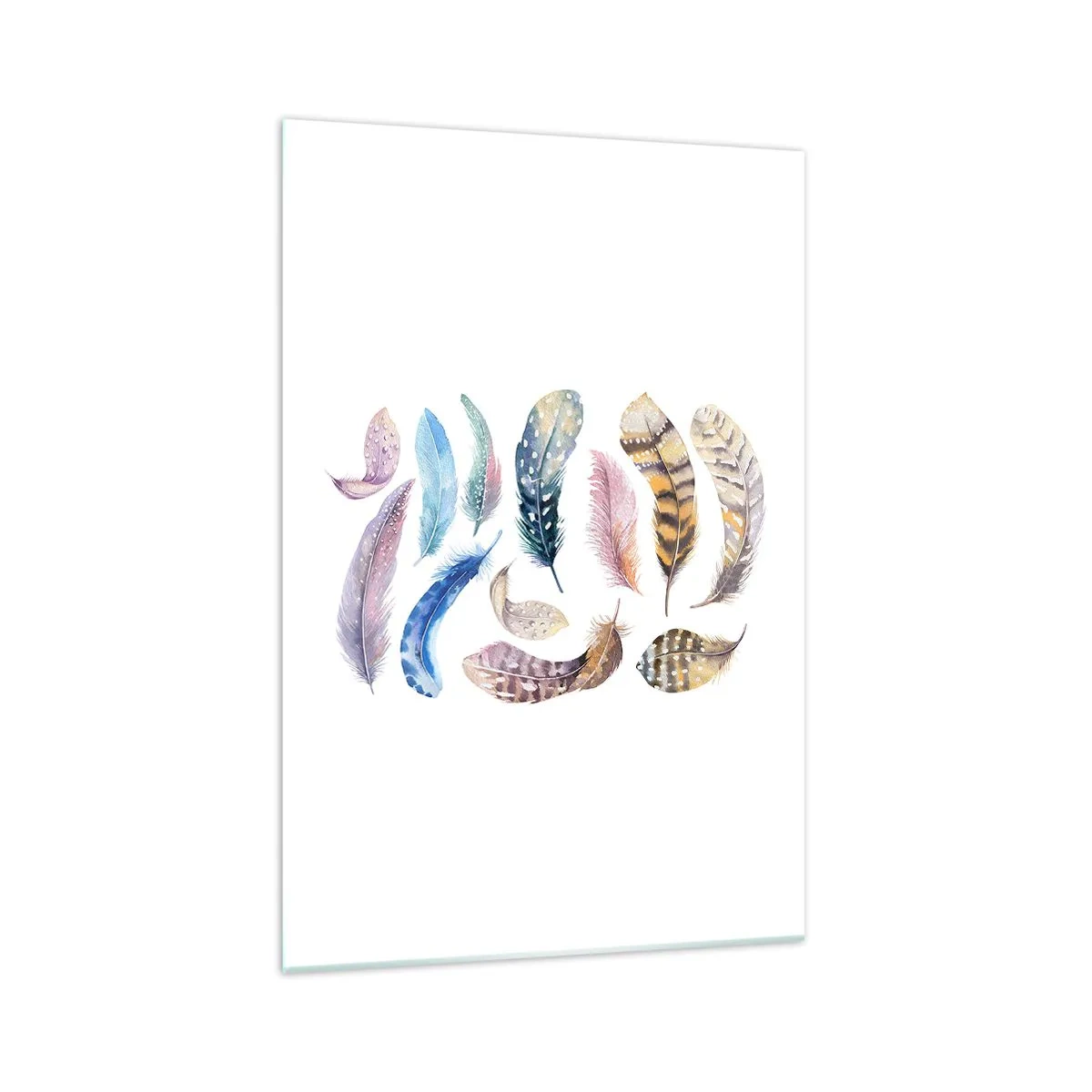 Glasbild - Bild auf glas - Bunte Federn im zarten Aquarell-Stil - 70x100cm - Hell, bunt und bunt - Moderne Wanddekoration für Wohnzimmer und Schlafzimmer ARTTOR