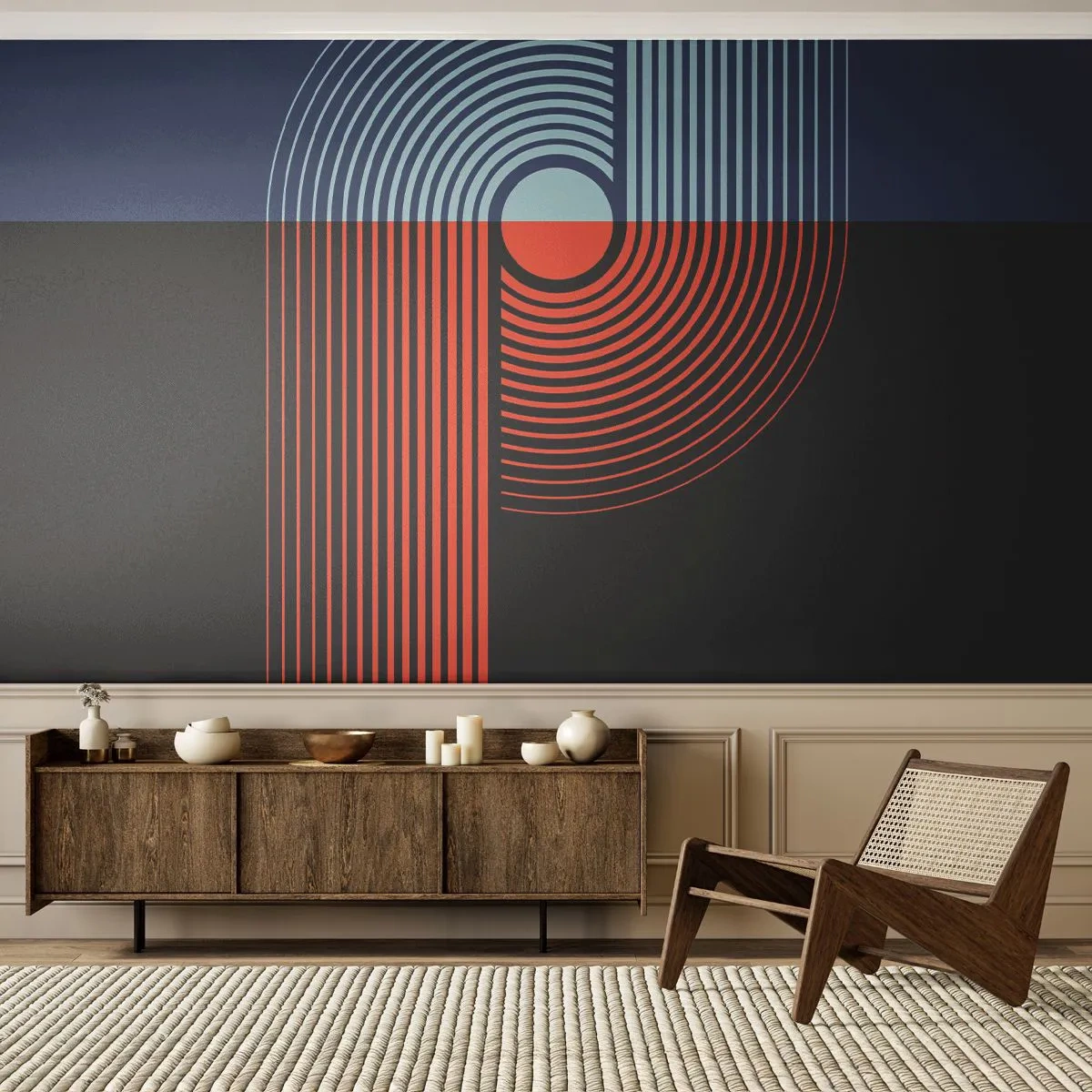 Fototapete Premium Canvas - In einer geometrischen Umarmung - Abstraktion, Grafik, Lineart - 400x280 cm