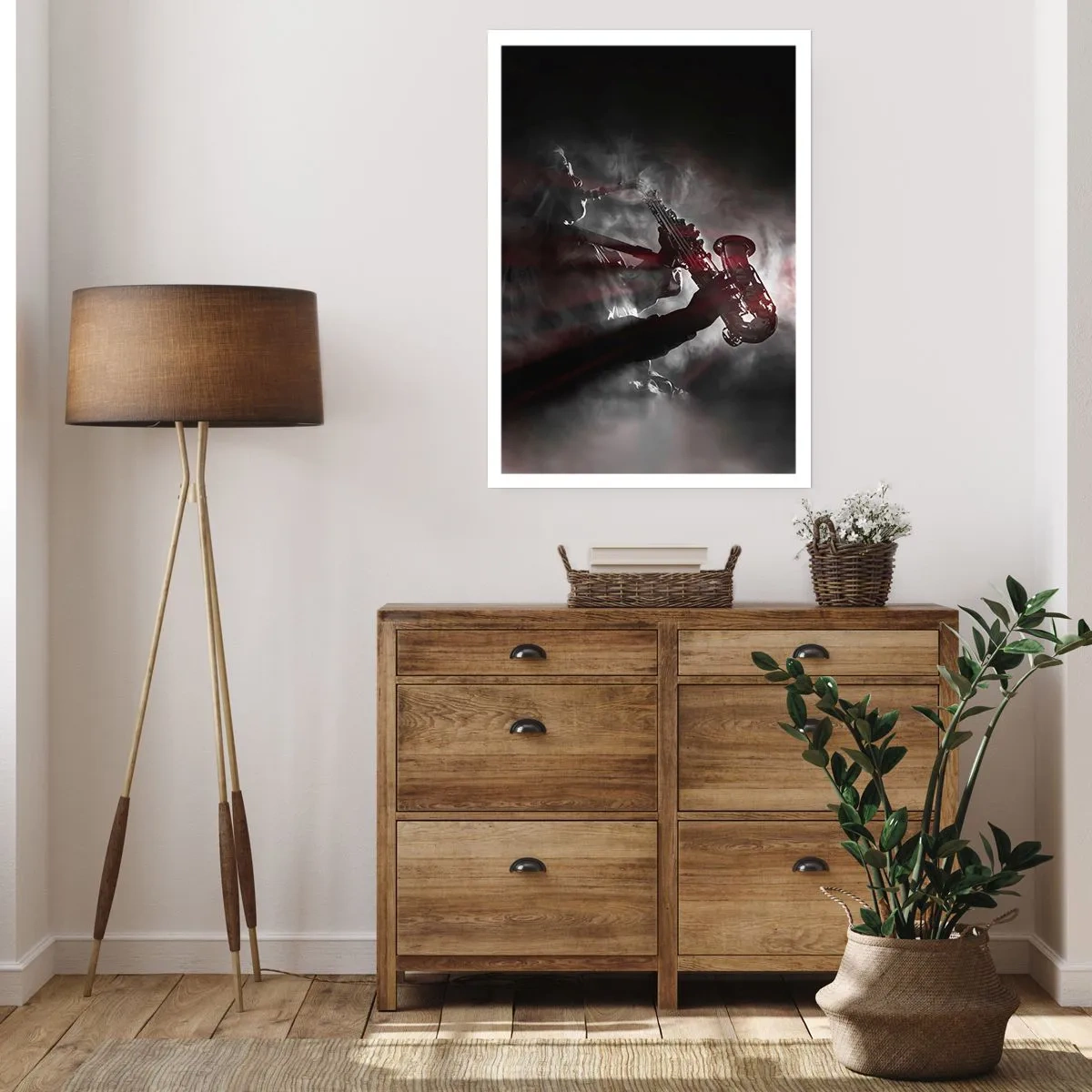 Poster - Die starke Silhouette des Saxophonisten in einer Jazz-Atmosphäre - 50x70cm - In den Dämpfen des Jazz - Moderne Wanddekoration für Wohnzimmer und Schlafzimmer ARTTOR