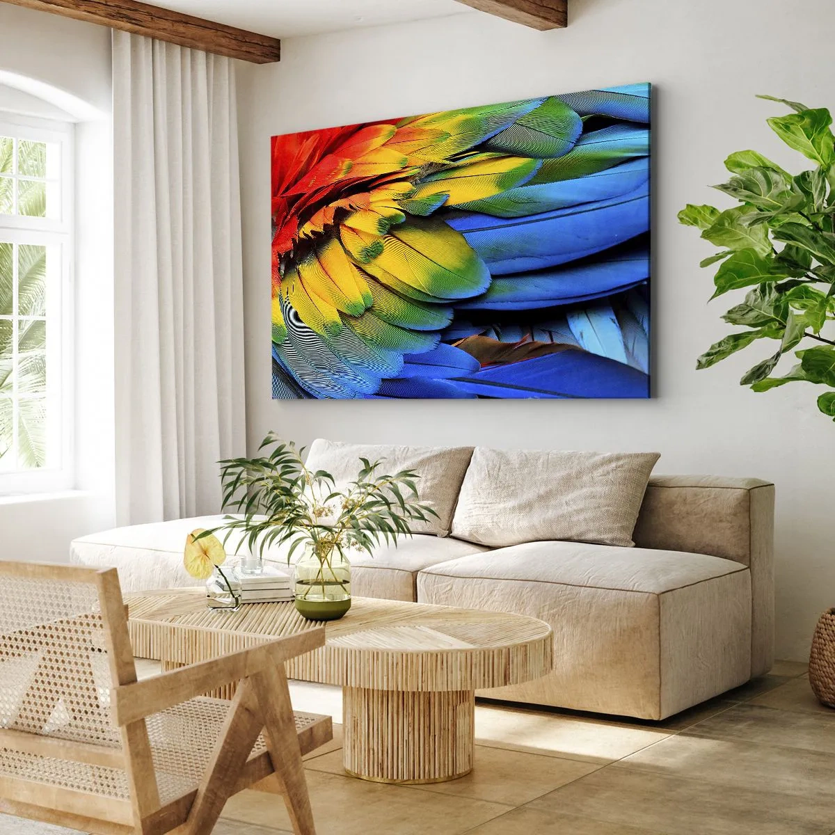 Bild auf Leinwand - Leinwandbild - Eine Nahaufnahme der bunten Federn eines Papageis - 70x50cm - Paradiesvogel - Moderne Wanddekoration für Wohnzimmer und Schlafzimmer ARTTOR
