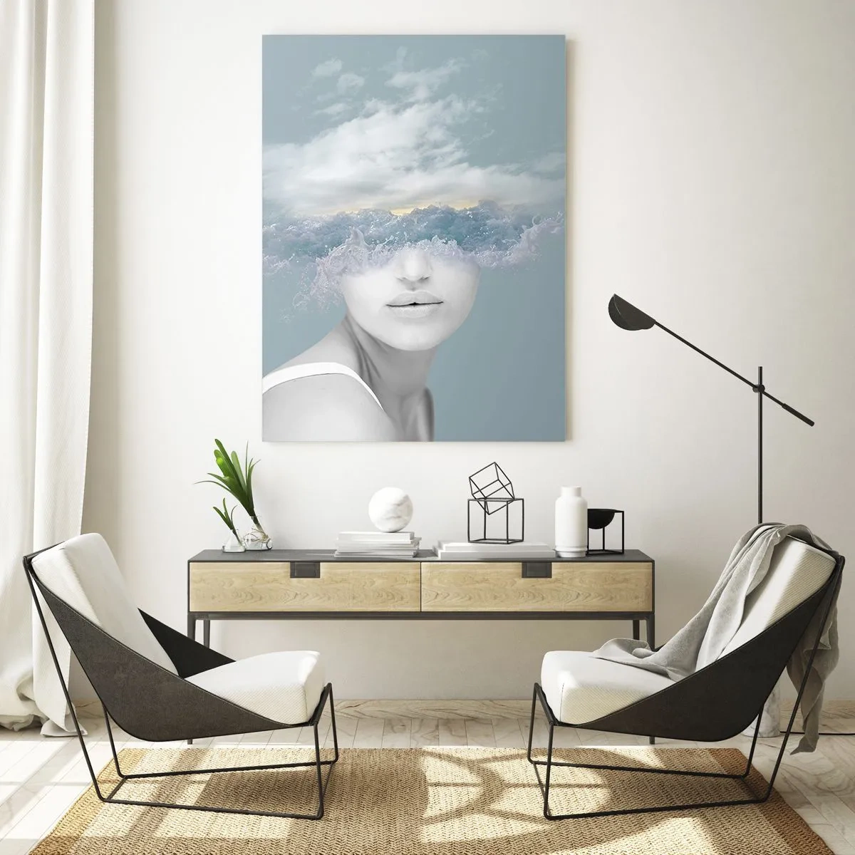 Glasbild - Bild auf glas - Das Gesicht einer Frau verschmilzt in einer surrealen Vision mit Himmel und Wolken. - 50x70cm - Mit dem Kopf in den Wolken - Moderne Wanddekoration für Wohnzimmer und Schlafzimmer ARTTOR