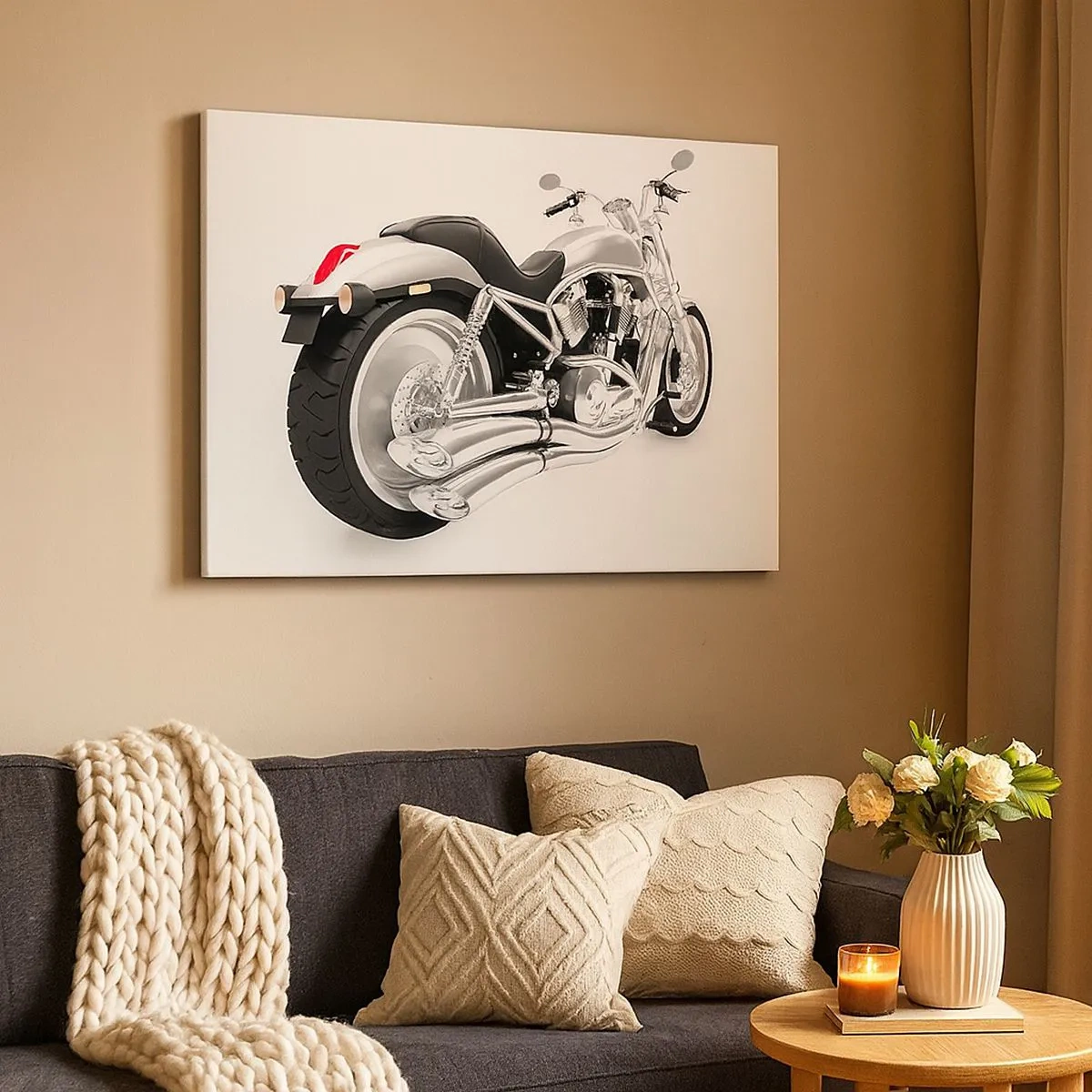 Bild auf Leinwand - Leinwandbild - Chrom Motorrad auf weißem Hintergrund - 70x50cm - Ein Sammlertraum - Moderne Wanddekoration für Wohnzimmer und Schlafzimmer ARTTOR