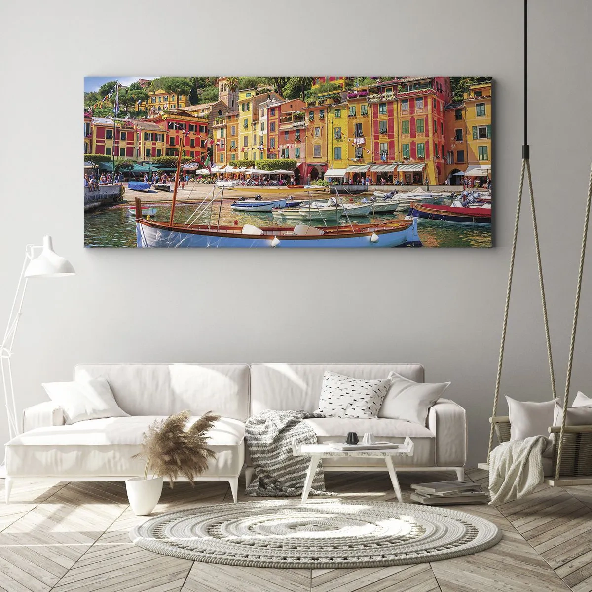 Bild auf Leinwand - Leinwandbild - Bunte Stadthäuser und Boote in einer italienischen Küstenstadt - 160x50cm - Italienischer Morgen - Moderne Wanddekoration für Wohnzimmer und Schlafzimmer ARTTOR