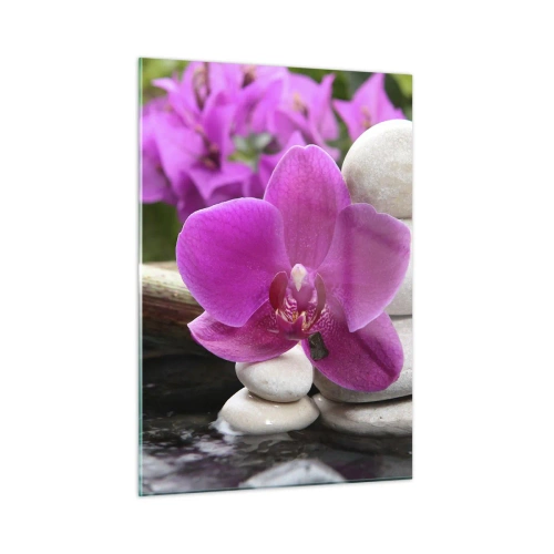 Glasbild - Bild auf glas - Lila Orchidee, Steine und Bambus-Wasserfall - 50x70cm - Du ruhst dich schon aus - Moderne Wanddekoration für Wohnzimmer und Schlafzimmer ARTTOR
