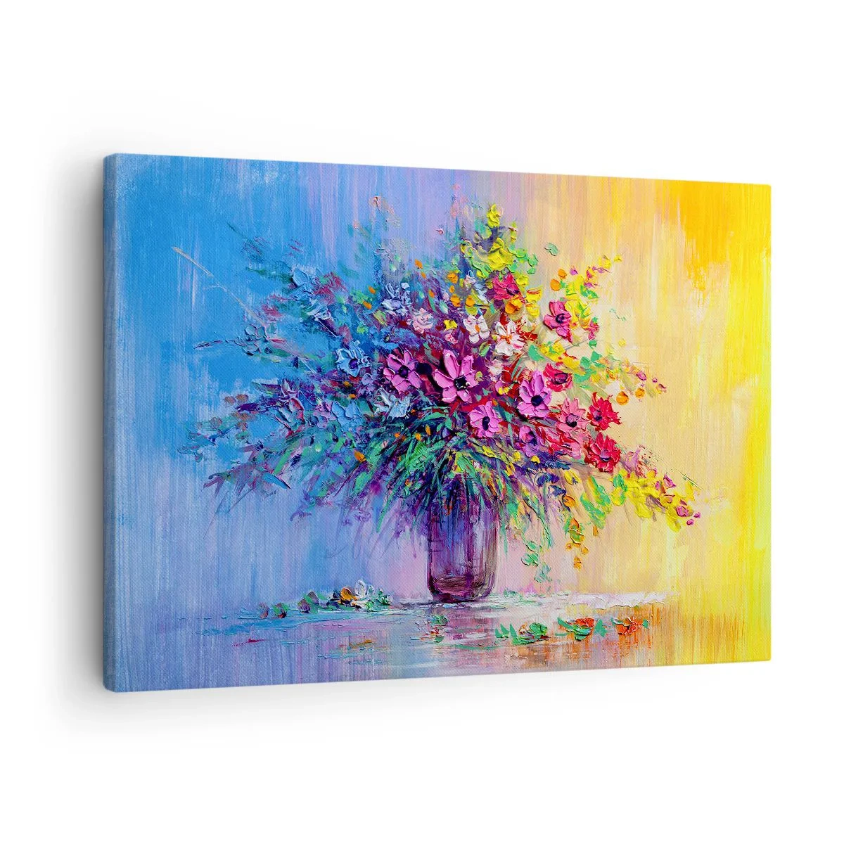 Bild auf Leinwand - Leinwandbild - Ein bunter Blumenstrauß in einer Vase vor einem Hintergrund mit Farbverlauf - 70x50cm - Sommergeschenk der Wiese - Moderne Wanddekoration für Wohnzimmer und Schlafzimmer ARTTOR