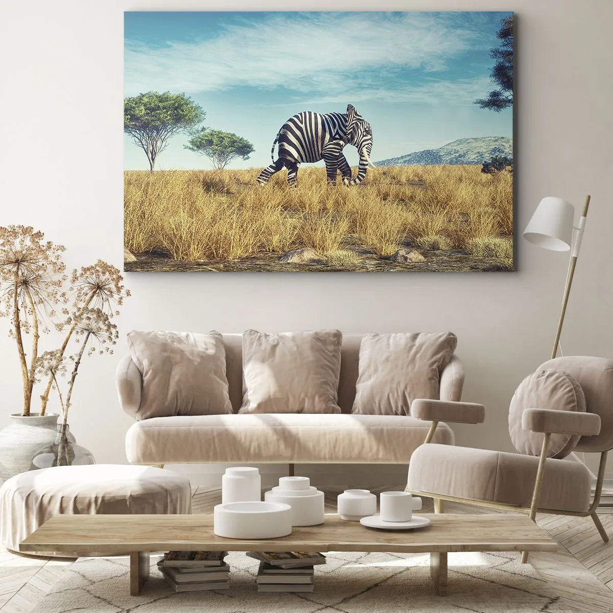 Bild auf Leinwand - Leinwandbild - Zebra in einer afrikanischen Landschaft - 100x70cm - Grau ist nicht mehr in Mode - Moderne Wanddekoration für Wohnzimmer und Schlafzimmer ARTTOR