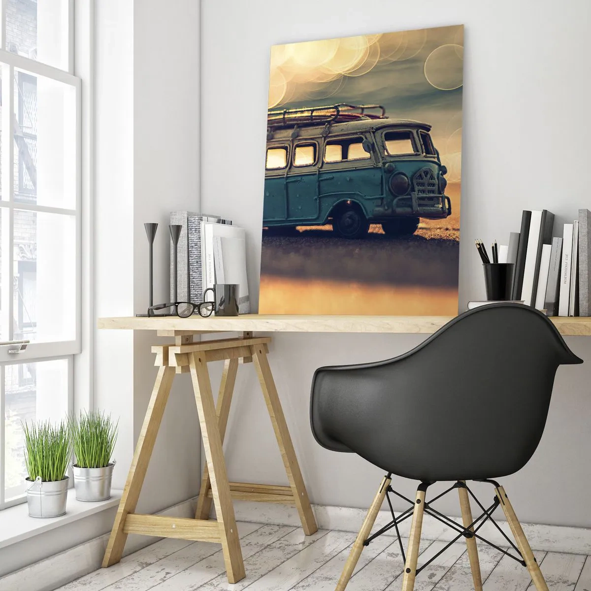 Glasbild - Bild auf glas - Retro-Bus gegen verschwommenes Licht - 80x120cm - Das Ende der Idole: Geld und Arbeit - Moderne Wanddekoration für Wohnzimmer und Schlafzimmer ARTTOR