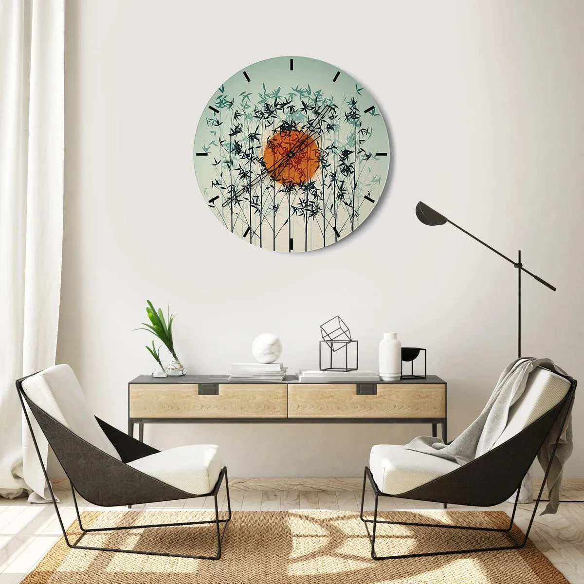 Wanduhr - Glasuhr - Bambusblätter vor der orangefarbenen Sonne und dem hellen Himmel - 30x30cm - Japanische Sonne - Moderne Wanddekoration für Wohnzimmer, Küche und Schlafzimmer ARTTOR