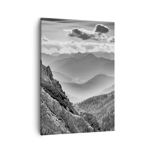 Bild auf Leinwand - Leinwandbild - Schwarz-weiße Berglandschaft mit Wolken über den Gipfeln - 50x70cm - Bis zum Horizont - Moderne Wanddekoration für Wohnzimmer und Schlafzimmer ARTTOR