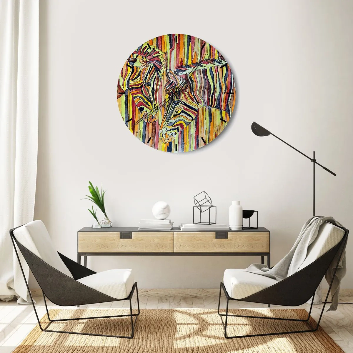 Wanduhr - Glasuhr - Eine abstrakte Darstellung zweier Zebras vor einem Hintergrund aus bunten Streifen. - 30x30cm - Also du auch... - Moderne Wanddekoration für Wohnzimmer, Küche und Schlafzimmer ARTTOR