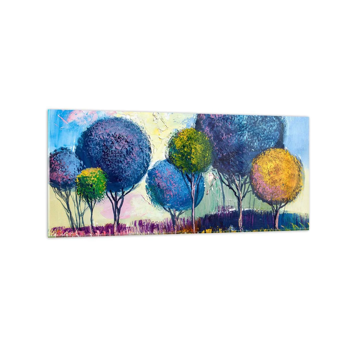 Glasbild - Bild auf glas - Bunte kugelförmige Bäume vor dem Hintergrund einer Landschaft - 120x50cm - Kugel - die Form des Ideals - Moderne Wanddekoration für Wohnzimmer und Schlafzimmer ARTTOR