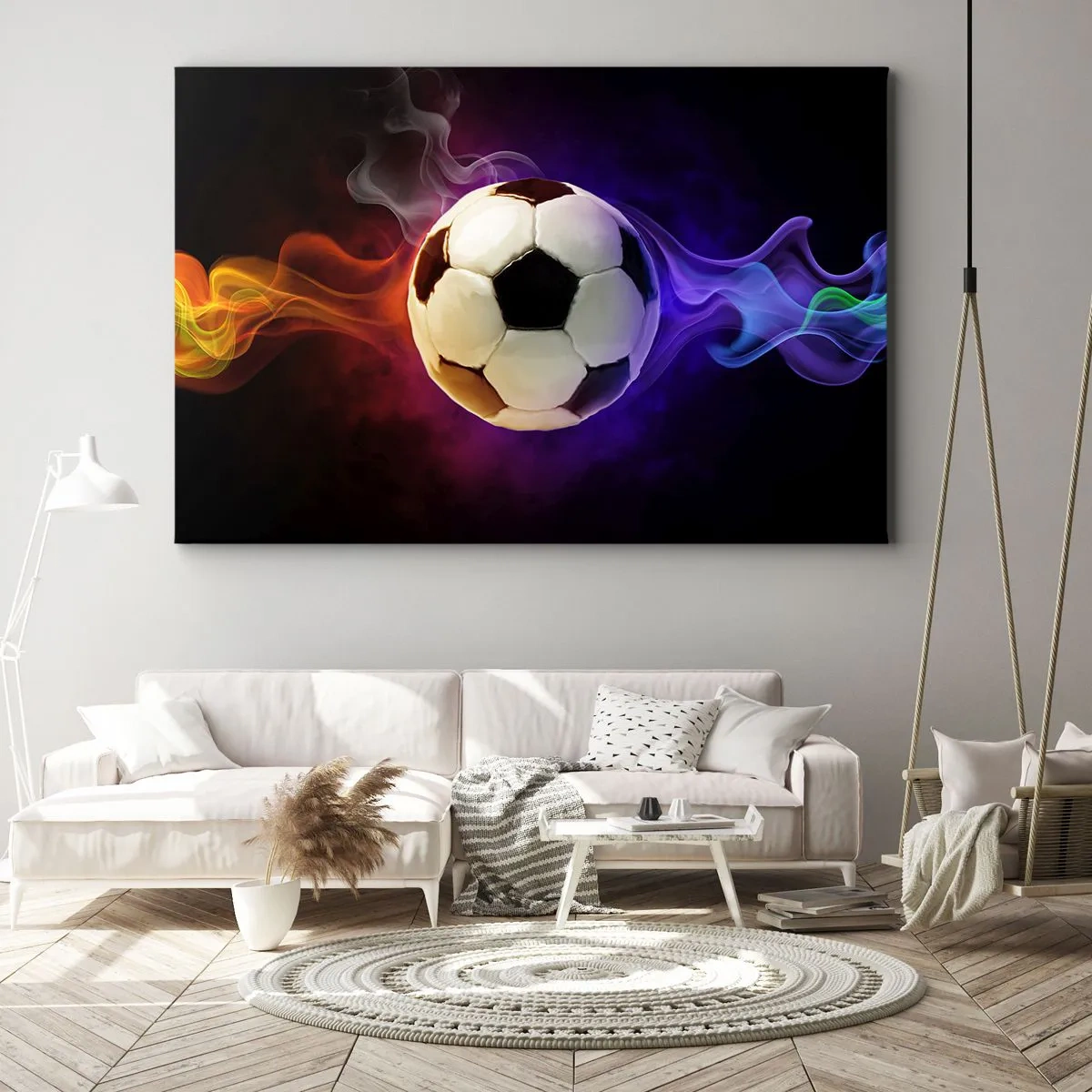 Bild auf Leinwand - Leinwandbild - Ein Fußball, umgeben von bunten Raucheffekten auf dunklem Hintergrund. - 120x80cm - Die magische Kraft des Spiels - Moderne Wanddekoration für Wohnzimmer und Schlafzimmer ARTTOR