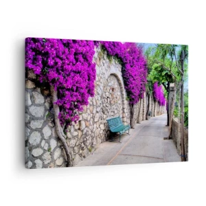 Bild auf Leinwand - Leinwandbild - Ein Steinweg mit einer Bank und blühenden lila Blumen - 70x50cm - Lass uns so schnell wie möglich treffen - Moderne Wanddekoration für Wohnzimmer und Schlafzimmer ARTTOR