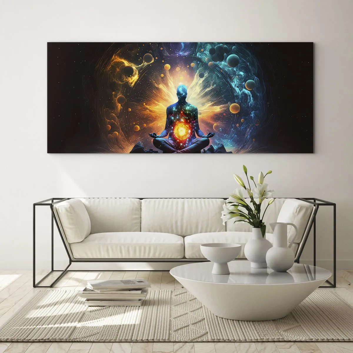 Glasbild - Bild auf glas - Eine meditierende Figur, umgeben von einer kosmischen Aura - 160x50cm - Kosmischer Frieden - Moderne Wanddekoration für Wohnzimmer und Schlafzimmer ARTTOR