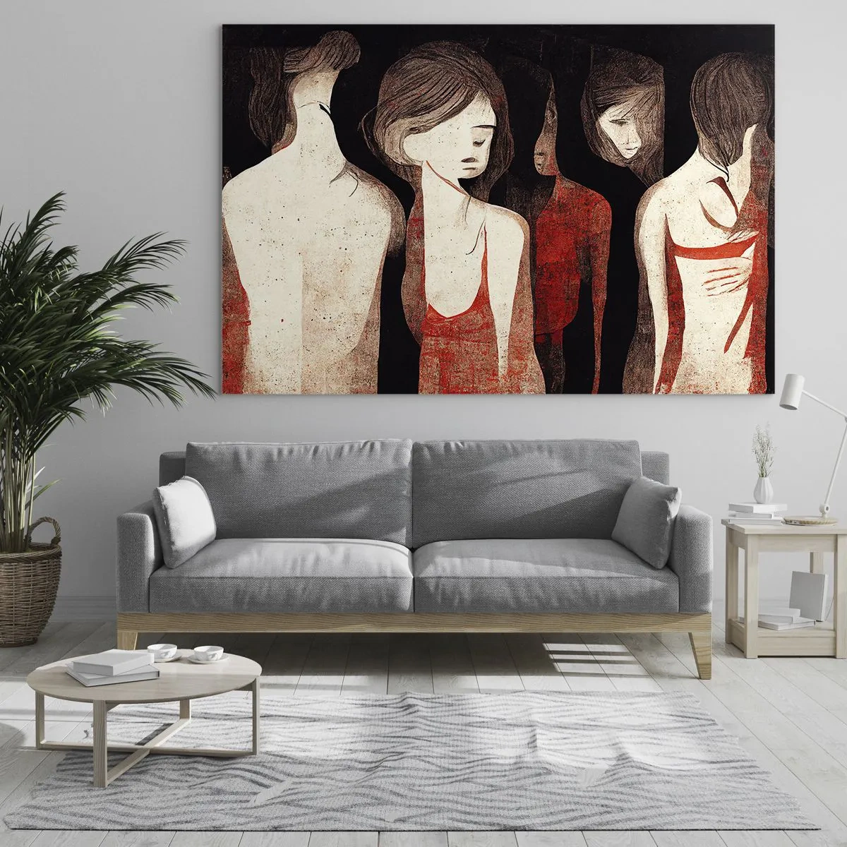 Glasbild - Bild auf glas - Abstrakte weibliche Silhouetten in Rot auf schwarzem Hintergrund - 100x70cm - Madonnen der Dunkelheit - Moderne Wanddekoration für Wohnzimmer und Schlafzimmer ARTTOR