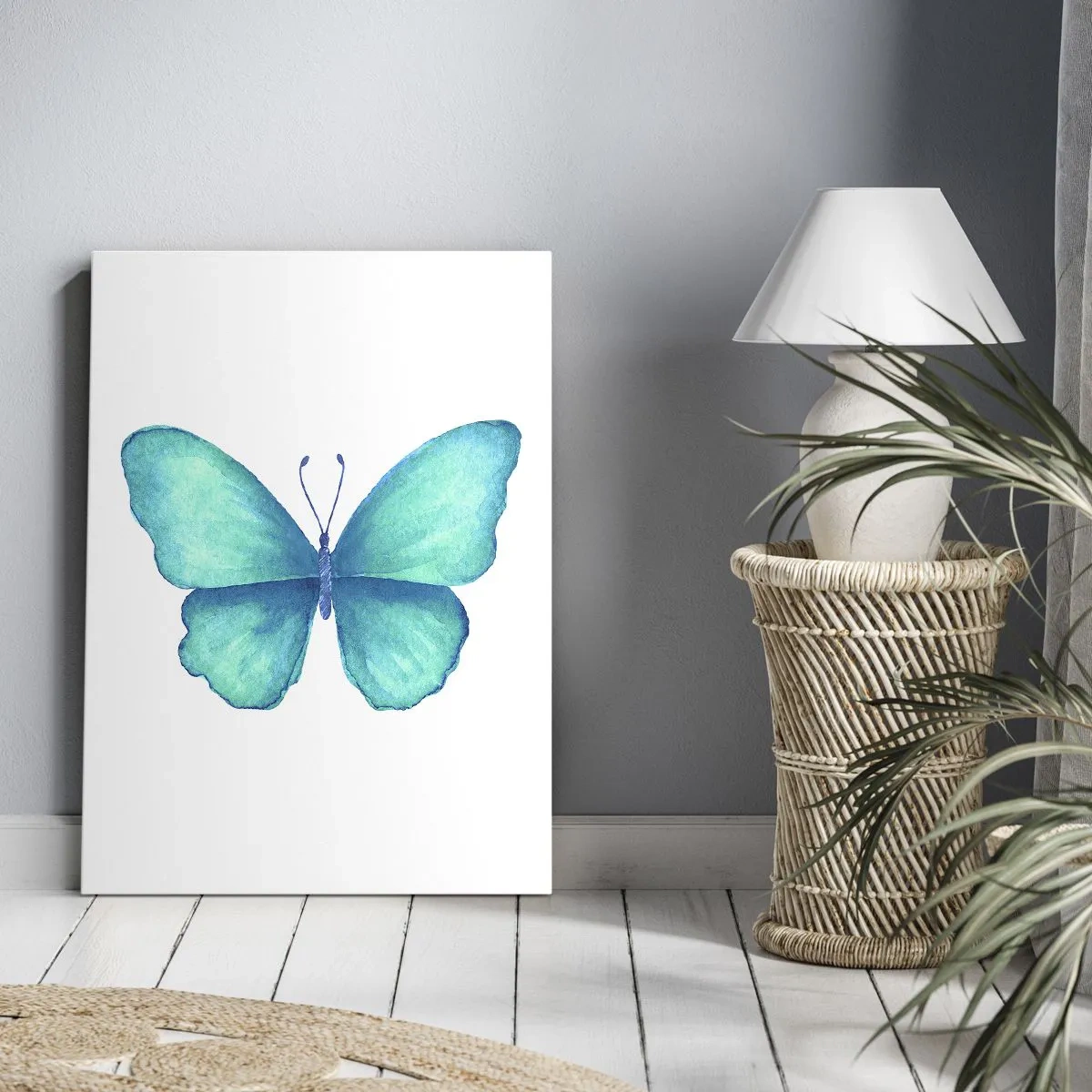 Bild auf Leinwand - Leinwandbild - Blauer Schmetterling im Aquarellstil auf weißem Hintergrund - 80x120cm - Türkis von Natur aus - Moderne Wanddekoration für Wohnzimmer und Schlafzimmer ARTTOR