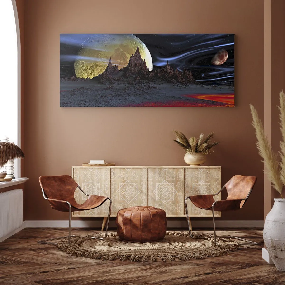 Bild auf Leinwand - Leinwandbild - Eine fantastische Landschaft mit Planeten und Vulkanen - 140x50cm - Unbekannte Welt - Moderne Wanddekoration für Wohnzimmer und Schlafzimmer ARTTOR