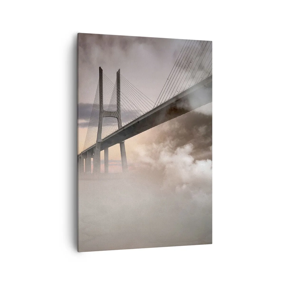 Bild auf Leinwand - Leinwandbild - Eine Brücke über einen Fluss, umgeben von Nebel am Morgen - 70x100cm - Auf dem Fluss, den es nicht gibt - Moderne Wanddekoration für Wohnzimmer und Schlafzimmer ARTTOR