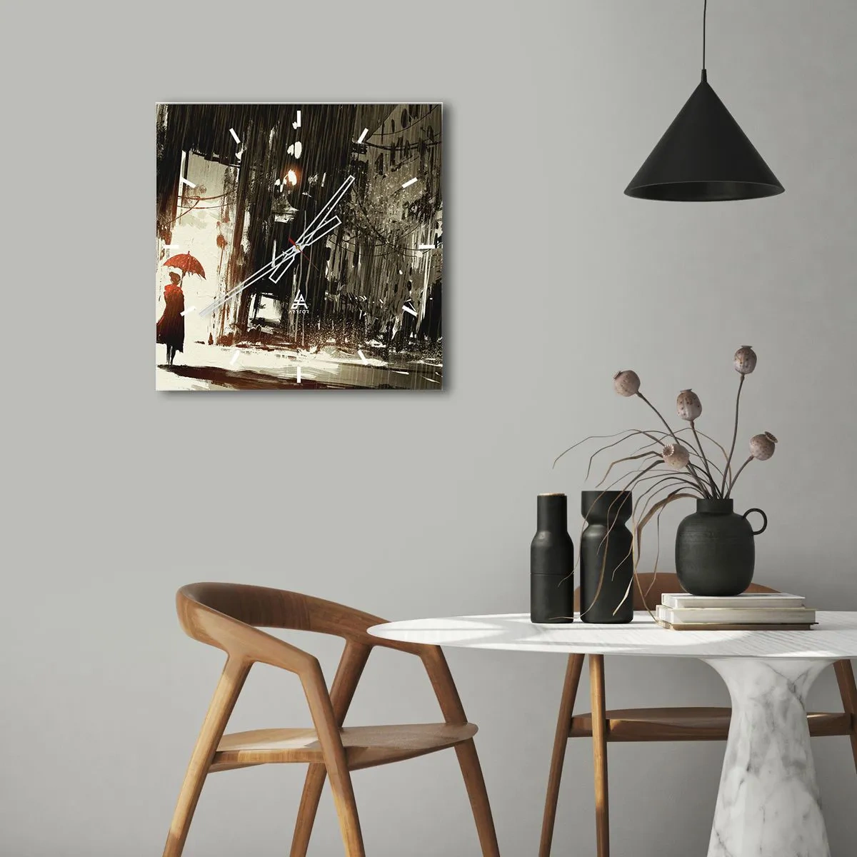 Wanduhr - Glasuhr - Eine rote Figur mit einem Regenschirm in einer regnerischen Szene - 30x30cm - Die Poesie des roten Regenschirms - Moderne Wanddekoration für Wohnzimmer und Schlafzimmer ARTTOR