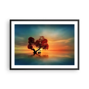 Poster in einem schwarzem Rahmen - Ein rotblättriger Baum und ein Boot auf dem Wasser bei Sonnenuntergang - 70x50cm - Oddaysons und die Stille der Weltlosen - Moderne Wanddekoration für Wohnzimmer und Schlafzimmer ARTTOR