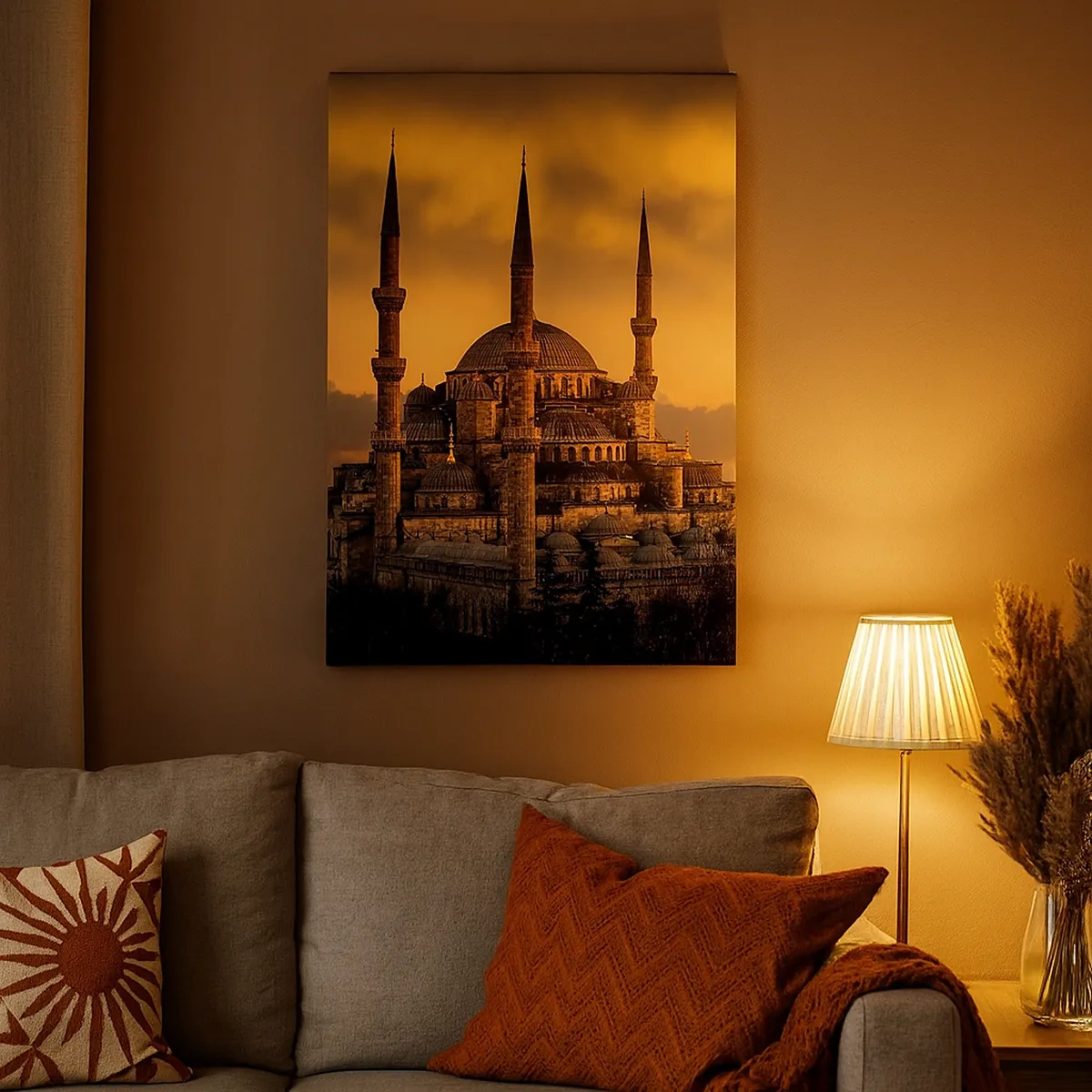 Bild auf Leinwand - Leinwandbild - Die Moschee bei Sonnenuntergang in warmen Farben - 50x70cm - Gott ist großartig - Moderne Wanddekoration für Wohnzimmer und Schlafzimmer ARTTOR