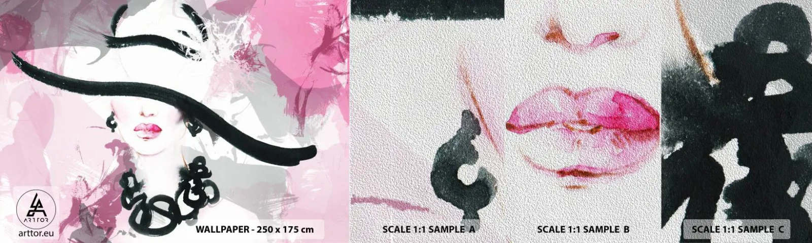 Fototapeten Muster Premium Sand - Bildnis einer Dame in Schwarz und Pink - Frau, Das Gesicht einer Frau, Abstraktion - 100x30 cm