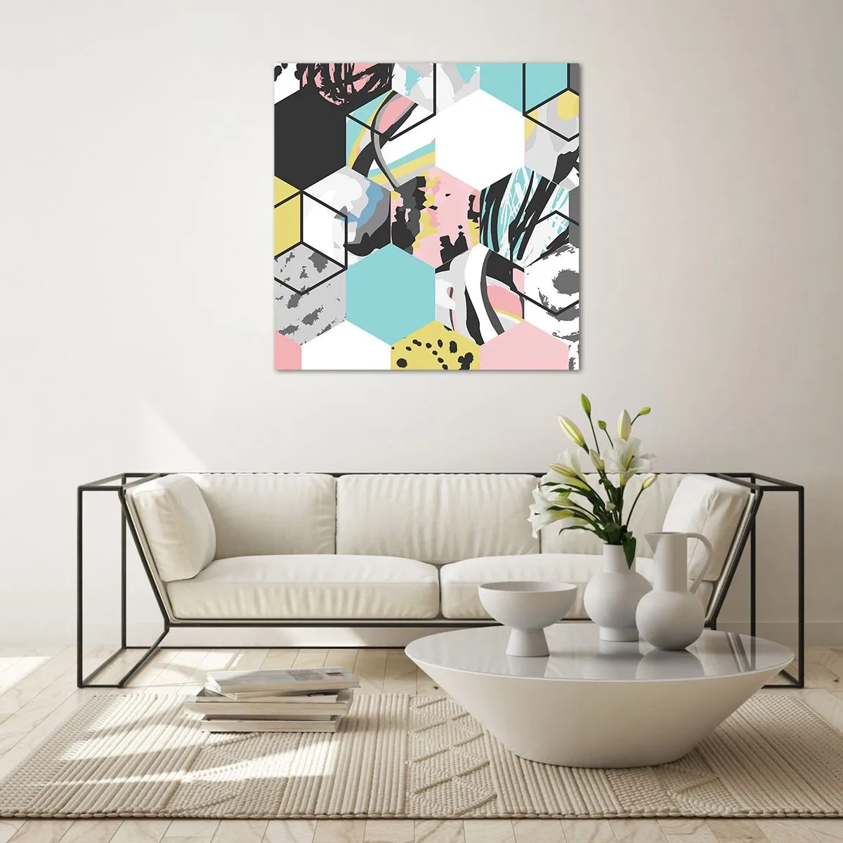 Glasbild - Bild auf glas - Sechsecke und Würfel in sechs Farben - 40x40 cm