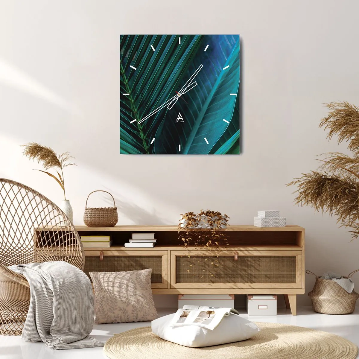 Wanduhr - Glasuhr - Nahaufnahme von tropischen grünen Blättern - 30x30cm - Die Anatomie des Grüns - Moderne Wanddekoration für Wohnzimmer und Schlafzimmer ARTTOR