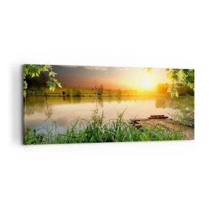 Bild auf Leinwand - Leinwandbild - Grüne Landschaft mit einem See bei Sonnenuntergang - 120x50cm - Landschaft in einem grünen Rahmen - Moderne Wanddekoration für Wohnzimmer und Schlafzimmer ARTTOR