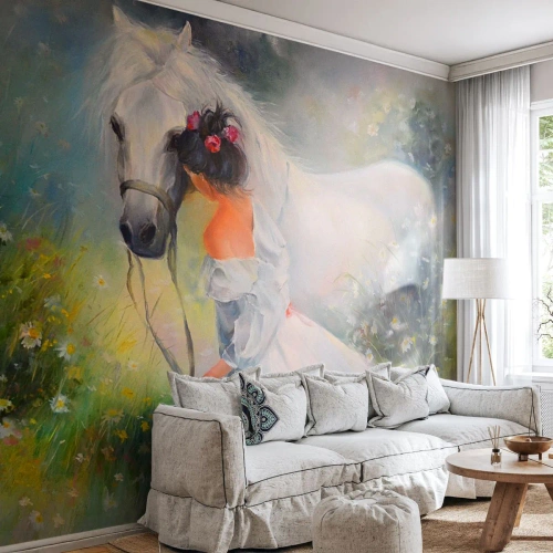 Fototapete Premium Canvas - Wie aus einem schönen Traum - Frau, Pferd, Wiese - 350x256 cm