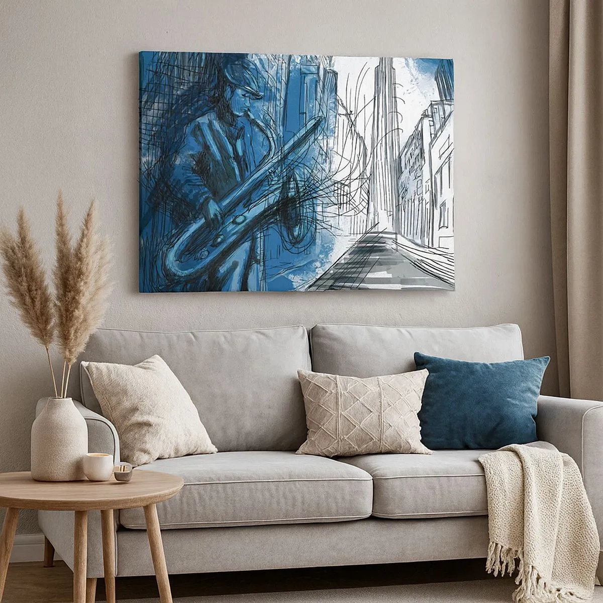 Bild auf Leinwand - Leinwandbild - Eine Saxophon spielende Figur vor dem Hintergrund einer Stadt - 70x50cm - Urbane Rhapsodie - Moderne Wanddekoration für Wohnzimmer und Schlafzimmer ARTTOR