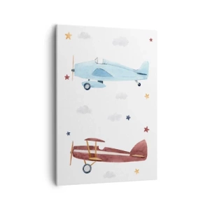 Bild auf Leinwand - Leinwandbild - Handbemalte Flugzeuge vor einem Hintergrund aus Wolken und Sternen - 50x70cm - Wir warten, Herr Pilot! - Moderne Wanddekoration für Wohnzimmer und Schlafzimmer ARTTOR