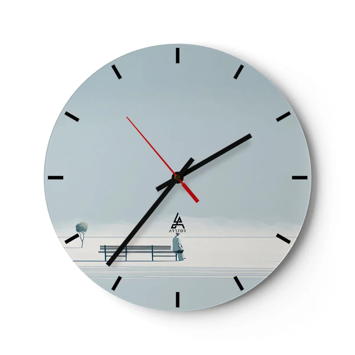 Wanduhr - Glasuhr - Eine einsame Gestalt sitzt auf einer Bank in einer Winterlandschaft. - 30x30cm - Ja, ich warte. - Moderne Wanddekoration für Wohnzimmer, Küche und Schlafzimmer ARTTOR